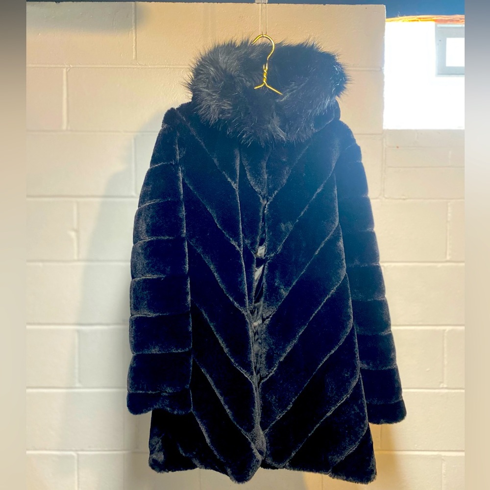Calvin Klein Hooded Faux Fur Coat